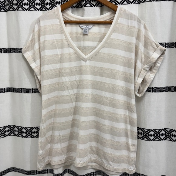 Tommy Bahama Tops - Tommy Bahama Women's Striped V-Neck Short Sleeve Tee Beige White Medium M